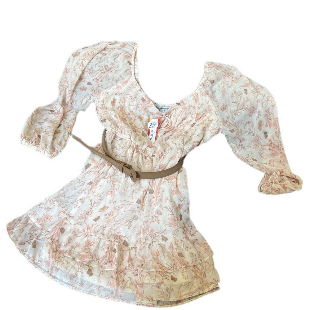 Wallflower Western Style Sheer sleeve Dress With Belt Jr Sz Large L NWT metallic